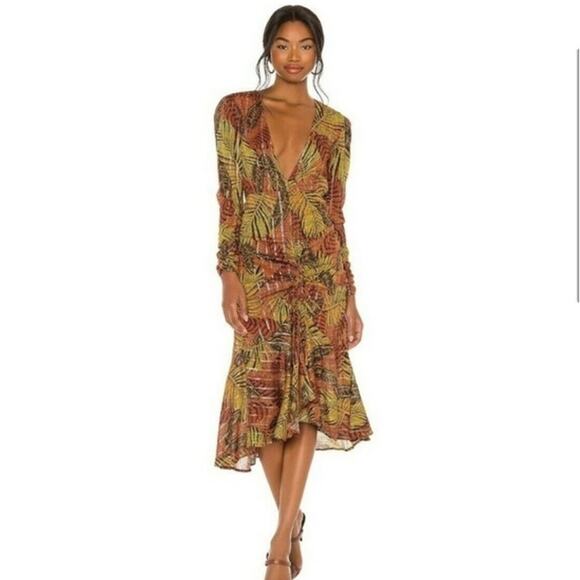 Le Superbe Orange Tropical Palm Print Crosby Ave Long Sleeve Midi Dress - Picture 1 of 11